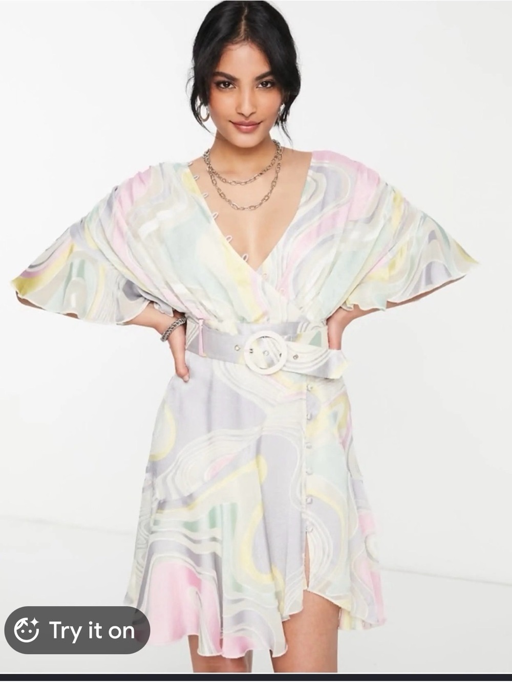 ASOS Pastel Swirl Mini Dress in Lavender, Pink & Yellow